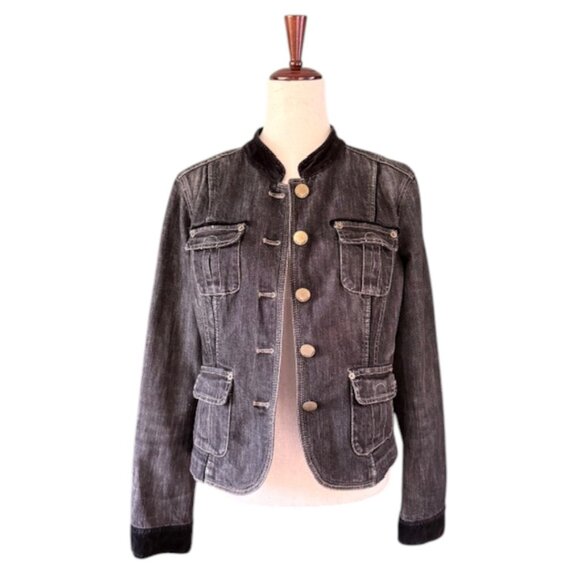 DKNY Jeans Women's Black Cropped Denim Military Style Jacket Stretch Faded L EUC - Picture 2 of 16